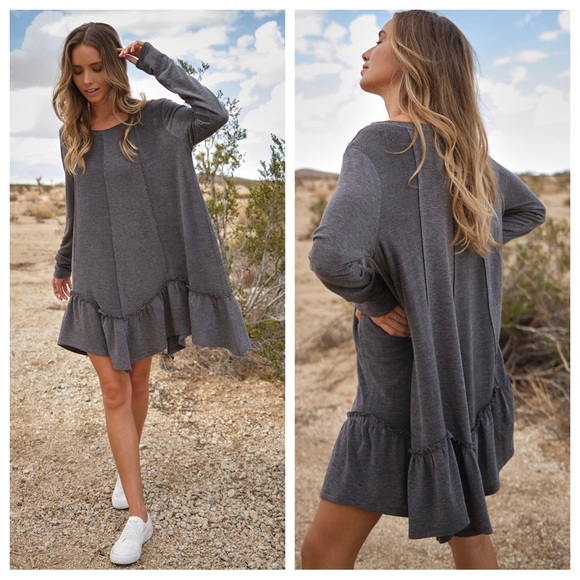 07 Boho Solid Ruffled Long Sleeve Dress - Picture 5 of 5